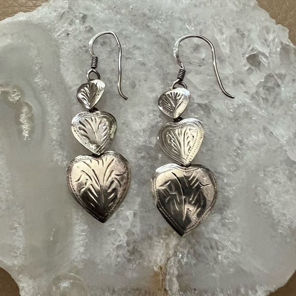 Three Hearts Sterling Silver Lightweight Drop Dangle Statement Earrings Vintage - Picture 3 of 10